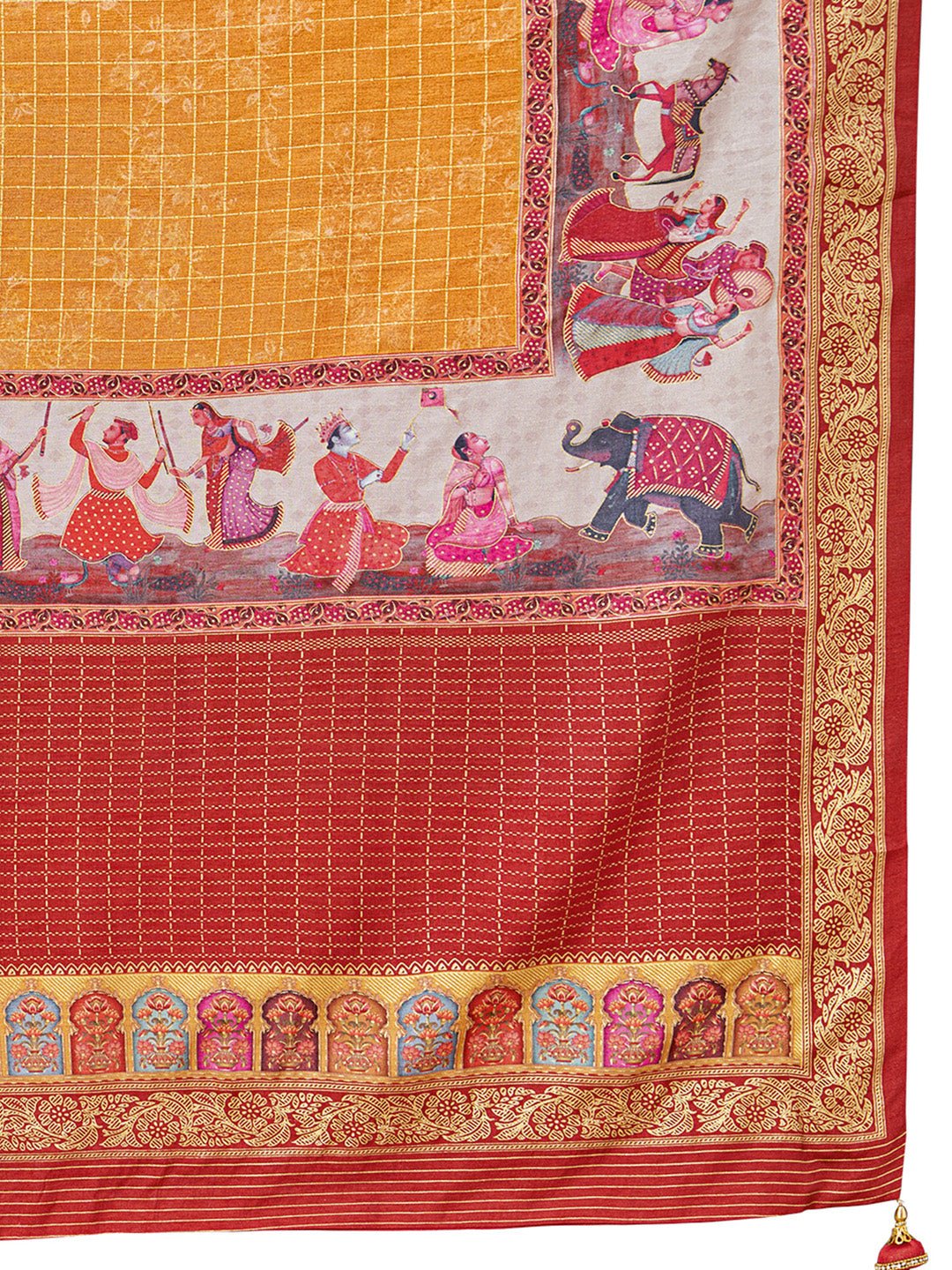 Mustard Yellow Silk Blend Pichwai Print Bandhani Pattern Contrast Blouse Saree - Ressa