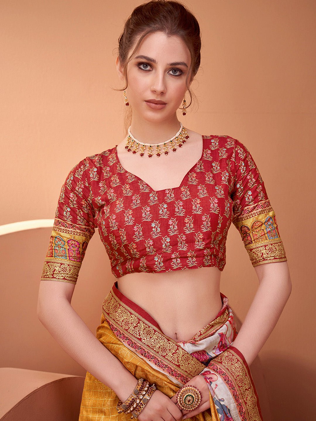 Mustard Yellow Silk Blend Pichwai Print Bandhani Pattern Contrast Blouse Saree - Ressa