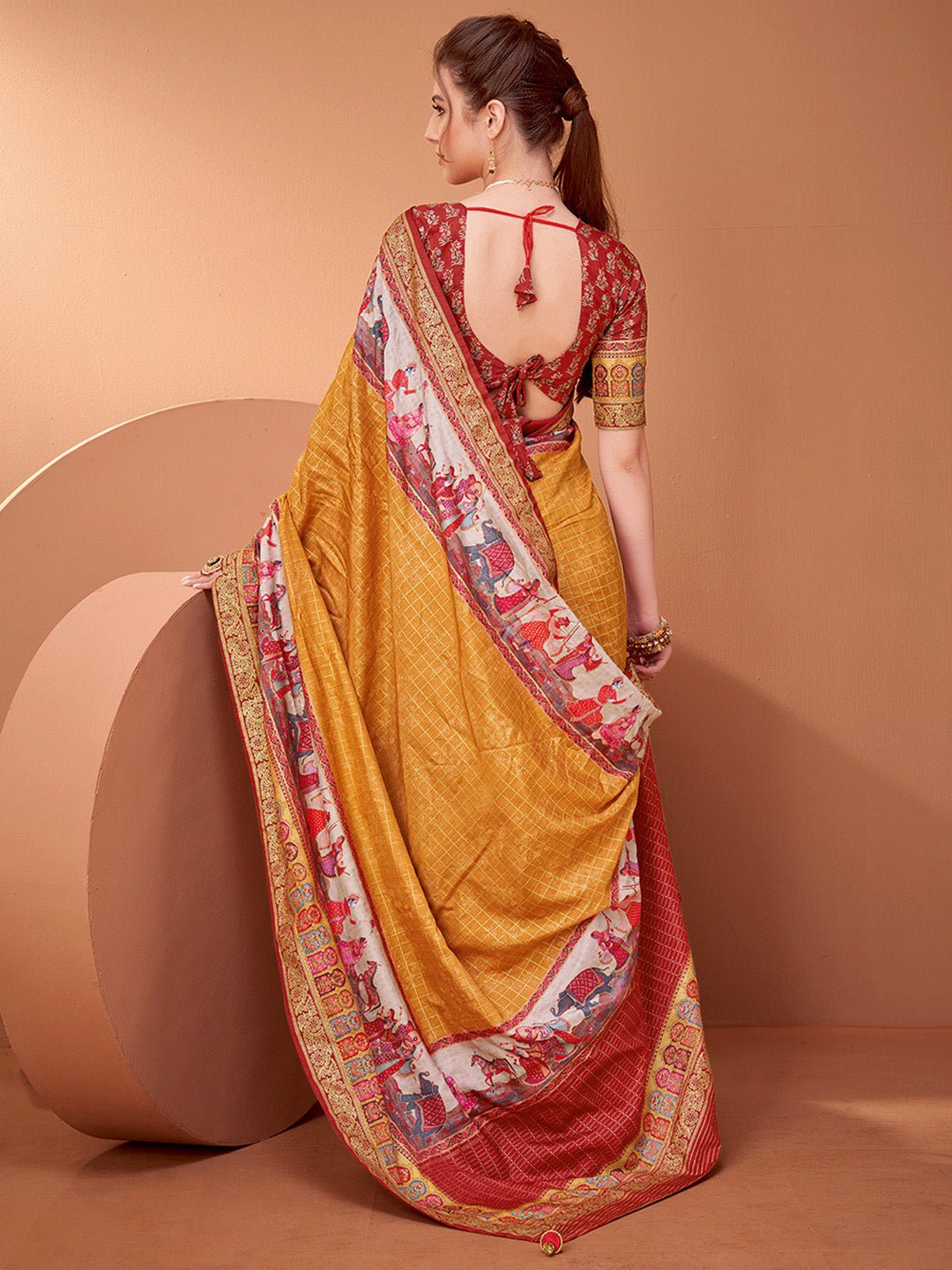 Mustard Yellow Silk Blend Pichwai Print Bandhani Pattern Contrast Blouse Saree - Ressa