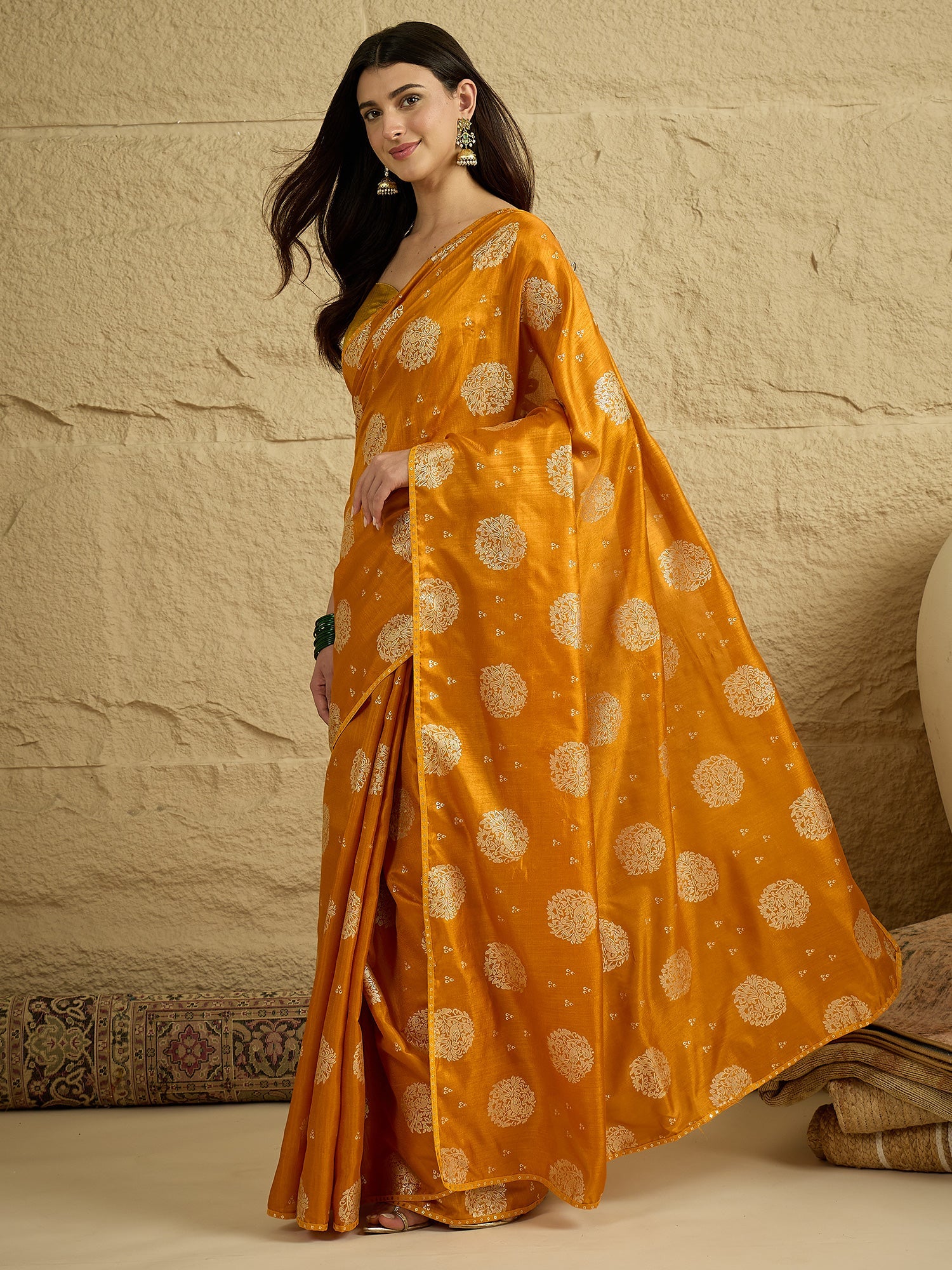 Mustard Yellow Silk Blend Traditional Woven Saree - Ressa