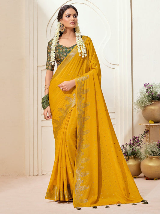 Mustard Yellow Silk Saree with Kalamkari Blouse - Ressa