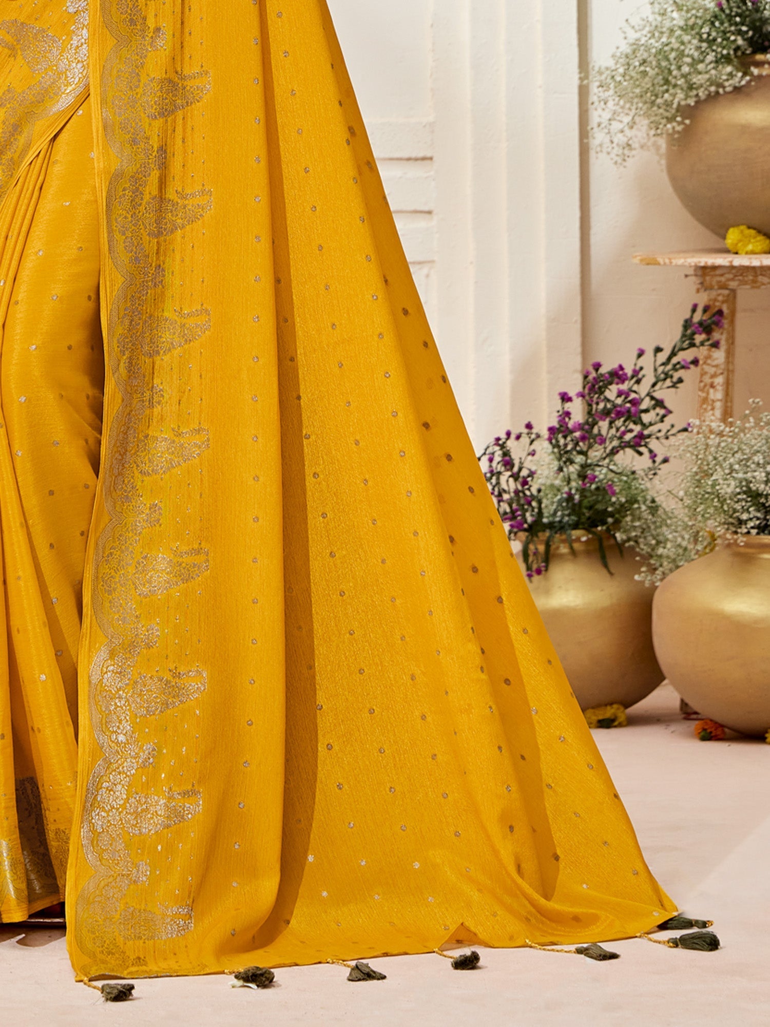 Mustard Yellow Silk Saree with Kalamkari Blouse - Ressa