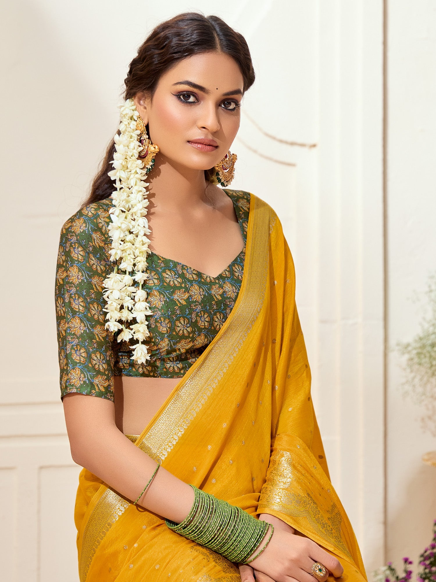 Mustard Yellow Silk Saree with Kalamkari Blouse - Ressa