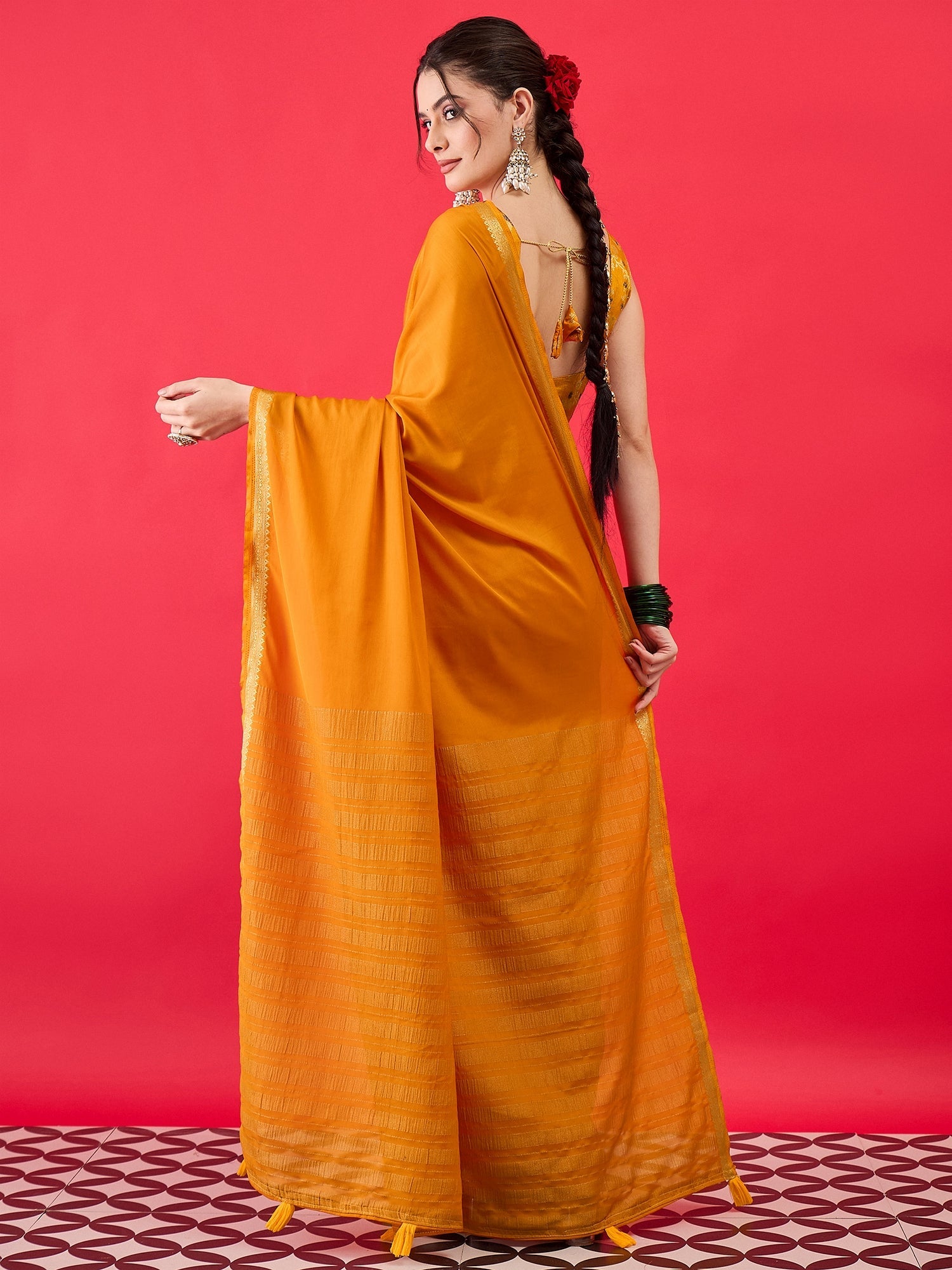 Mustard Yellow Silk Saree with Zari Border & Blouse Piece - Ressa
