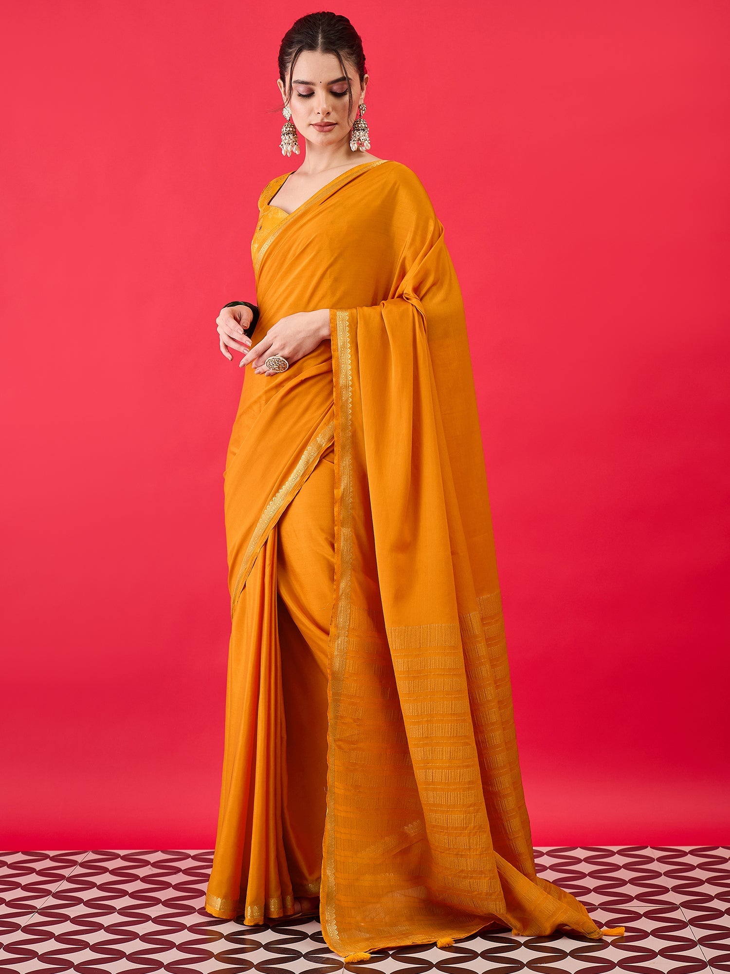 Mustard Yellow Silk Saree with Zari Border & Blouse Piece - Ressa