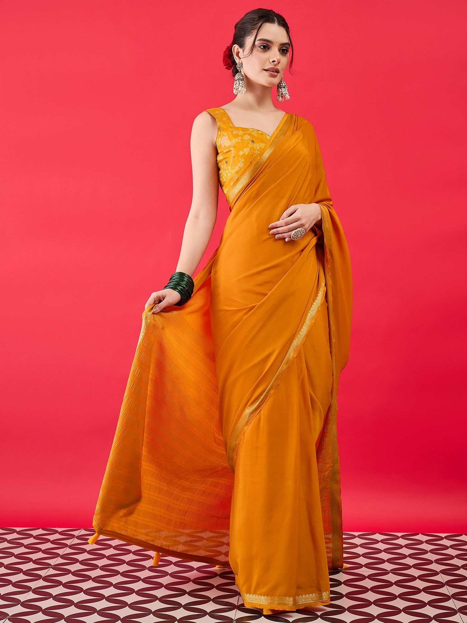 Mustard Yellow Silk Saree with Zari Border & Blouse Piece - Ressa