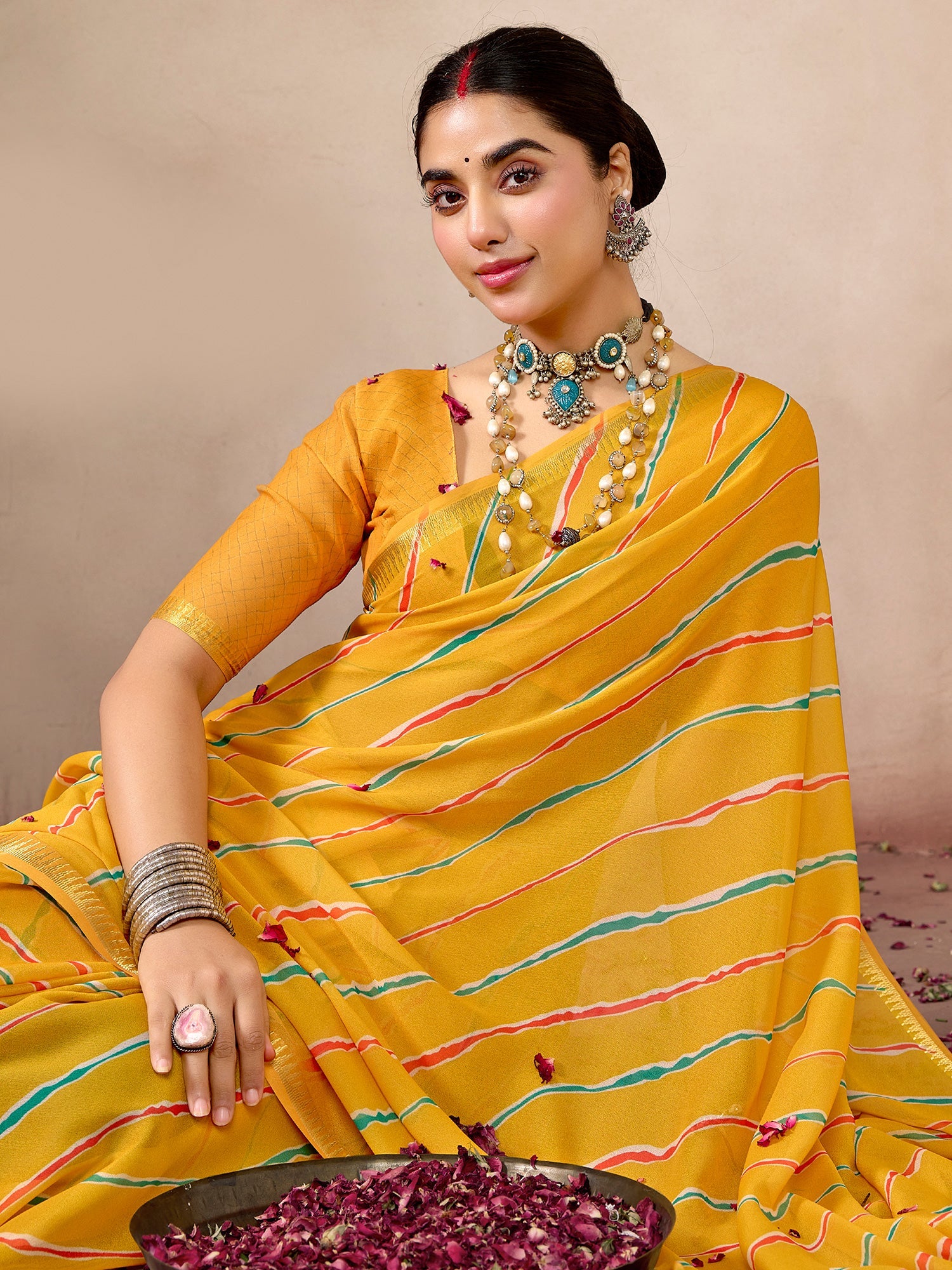 Mustard Yellow Striped Saree - Ressa