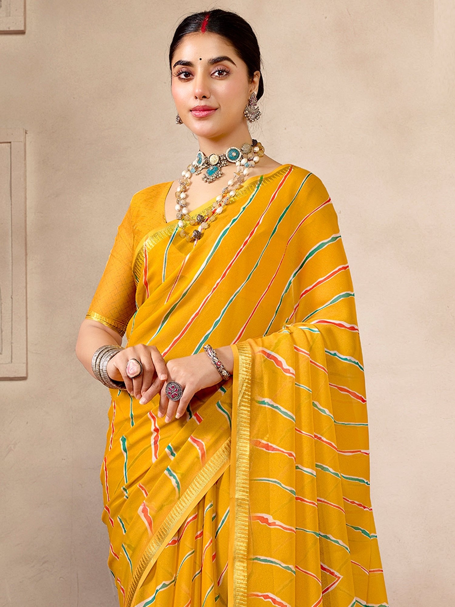 Mustard Yellow Striped Saree - Ressa