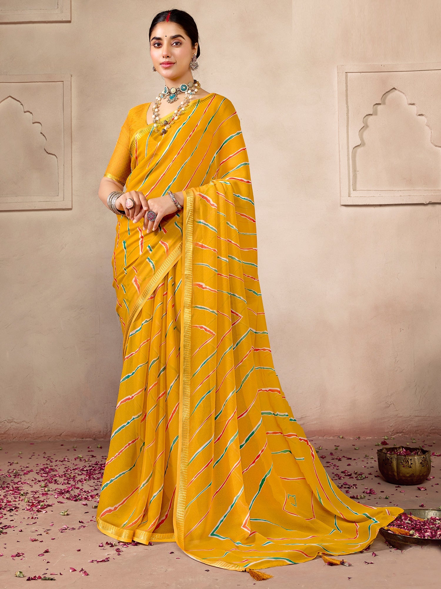 Mustard Yellow Striped Saree - Ressa