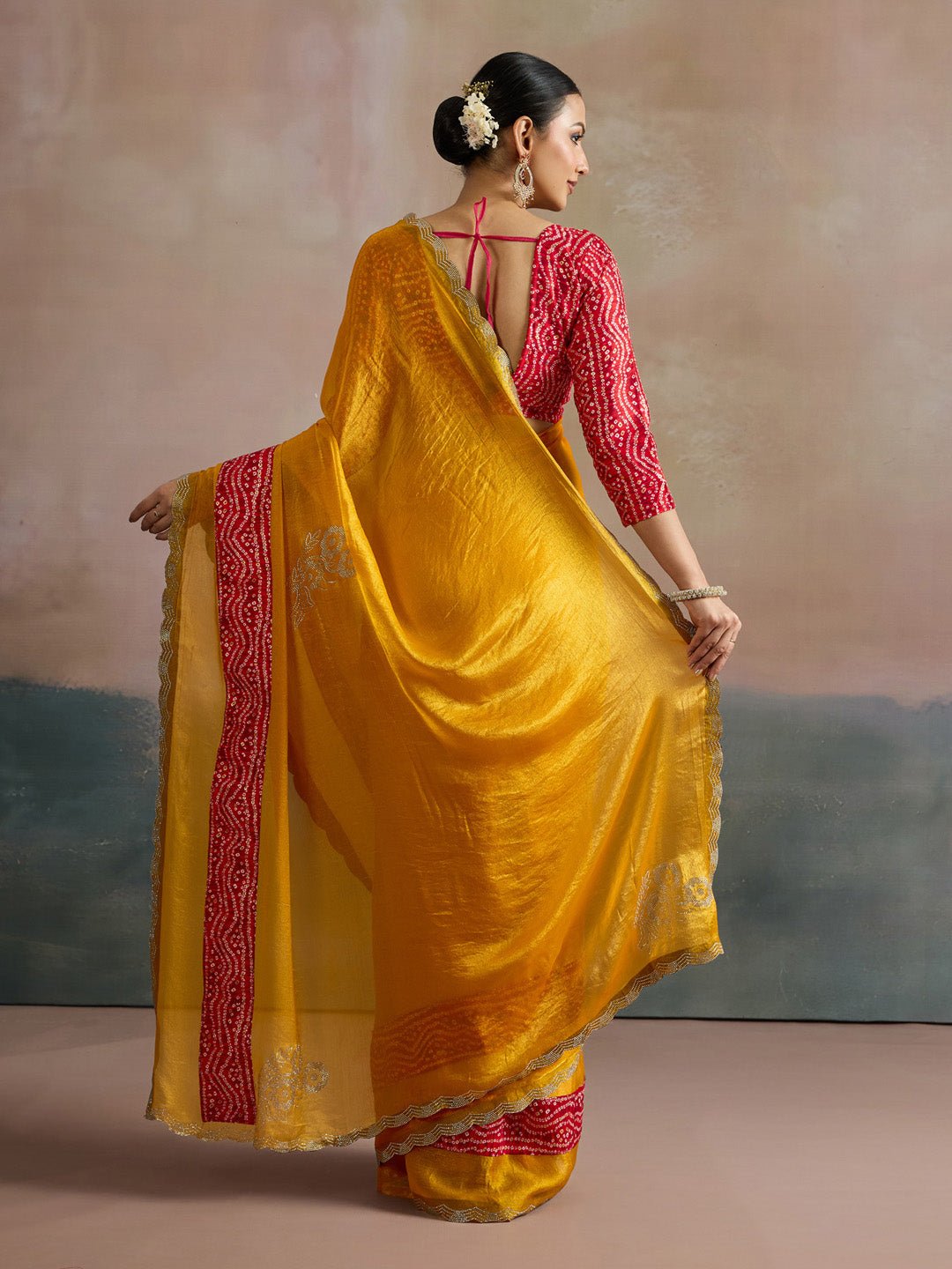 Mustard Yellow Tissue Silk Saree with Bandhani Border - Ressa
