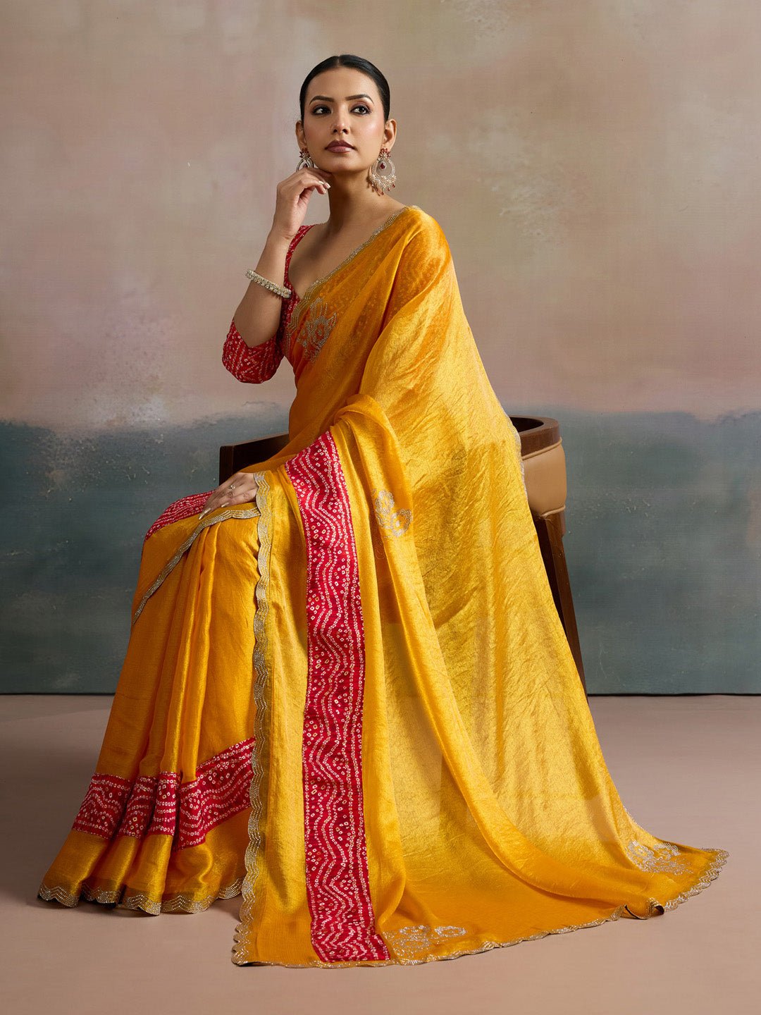 Mustard Yellow Tissue Silk Saree with Bandhani Border - Ressa