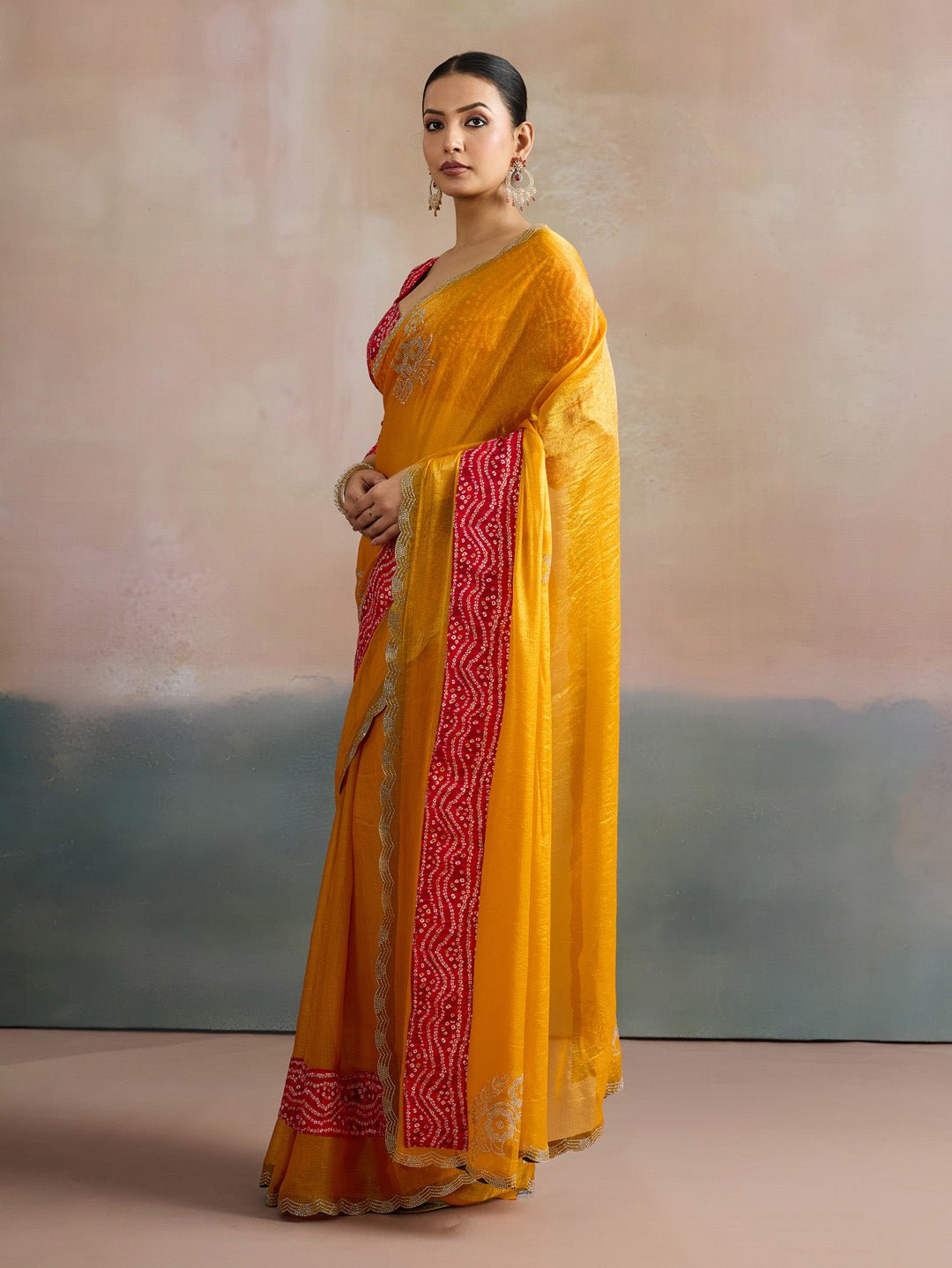 Mustard Yellow Tissue Silk Saree with Bandhani Border - Ressa