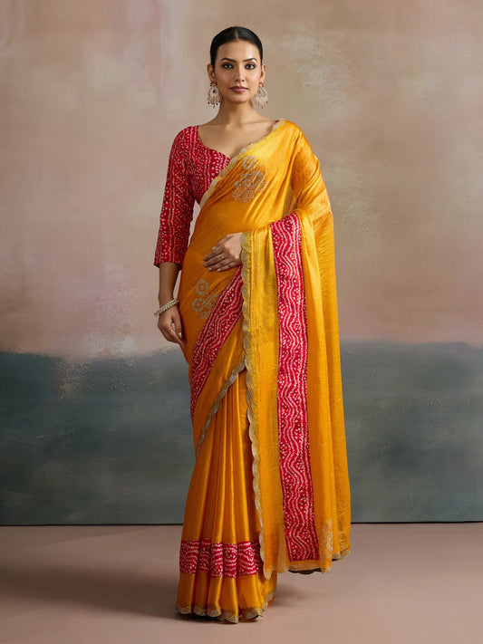 Mustard Yellow Tissue Silk Saree with Bandhani Border - Ressa