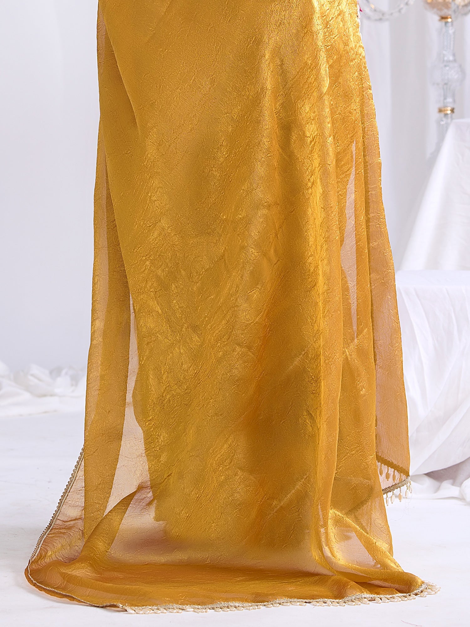 Mustard Yellow Tissue Silk Saree with Shell Lace Border - Ressa