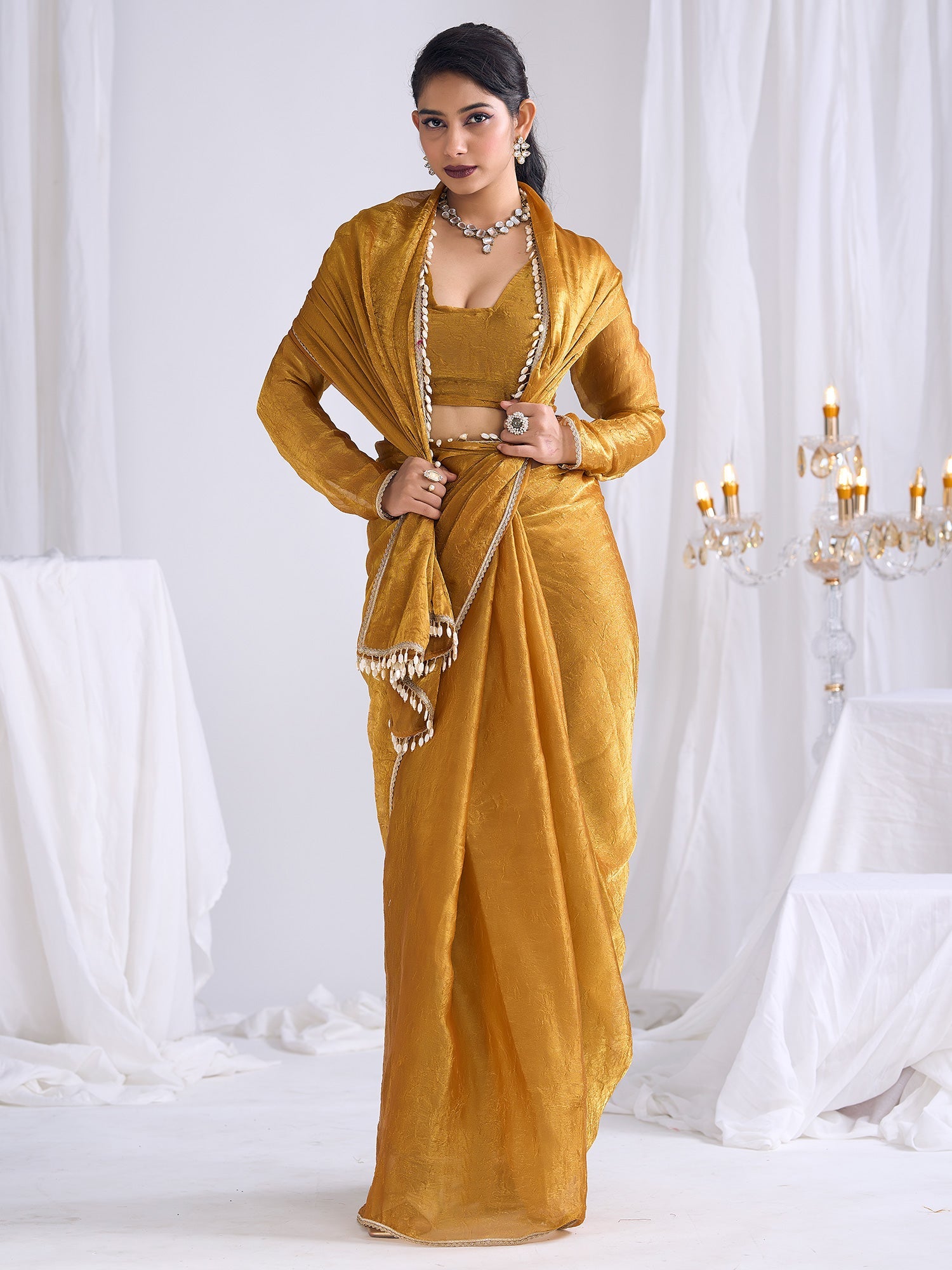 Mustard Yellow Tissue Silk Saree with Shell Lace Border - Ressa