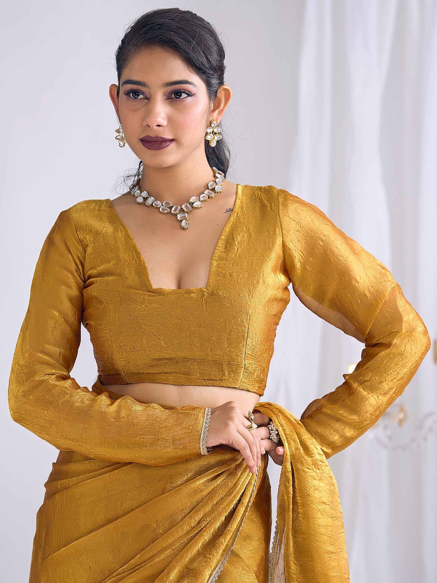 Mustard Yellow Tissue Silk Saree with Shell Lace Border - Ressa