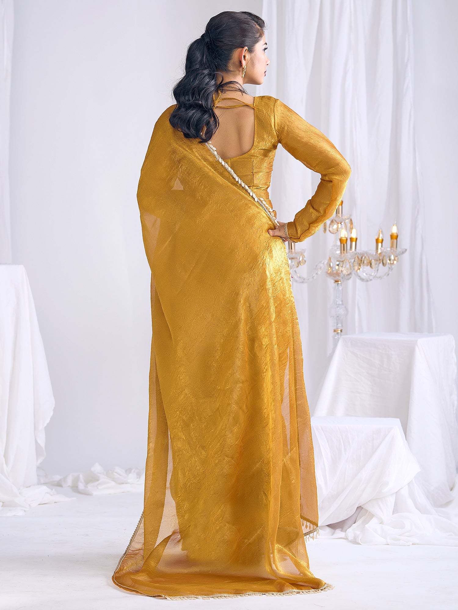 Mustard Yellow Tissue Silk Saree with Shell Lace Border - Ressa