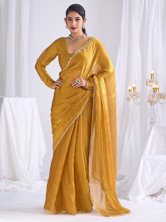 Mustard Yellow Tissue Silk Saree with Shell Lace Border - Ressa