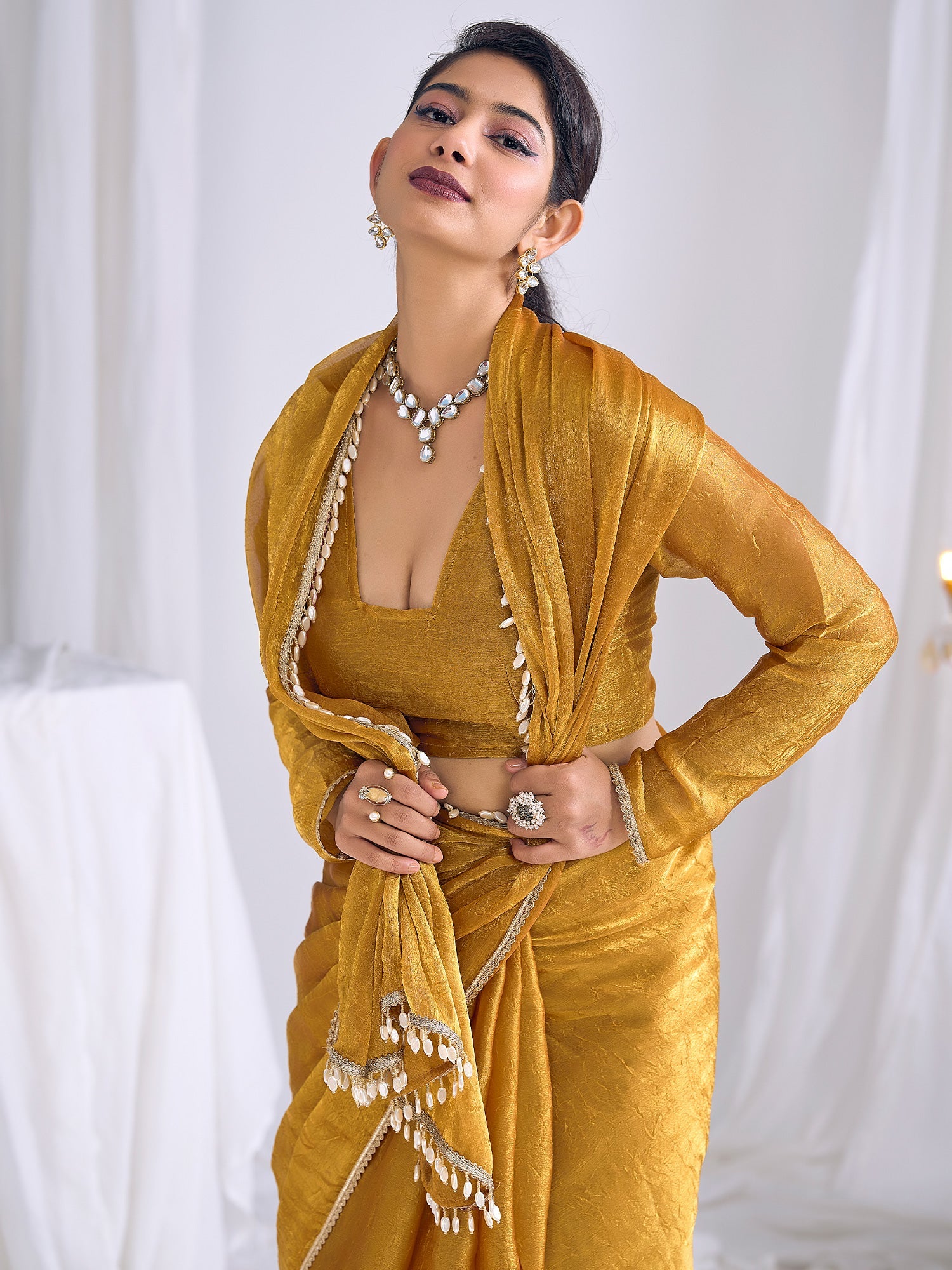 Mustard Yellow Tissue Silk Saree with Shell Lace Border - Ressa