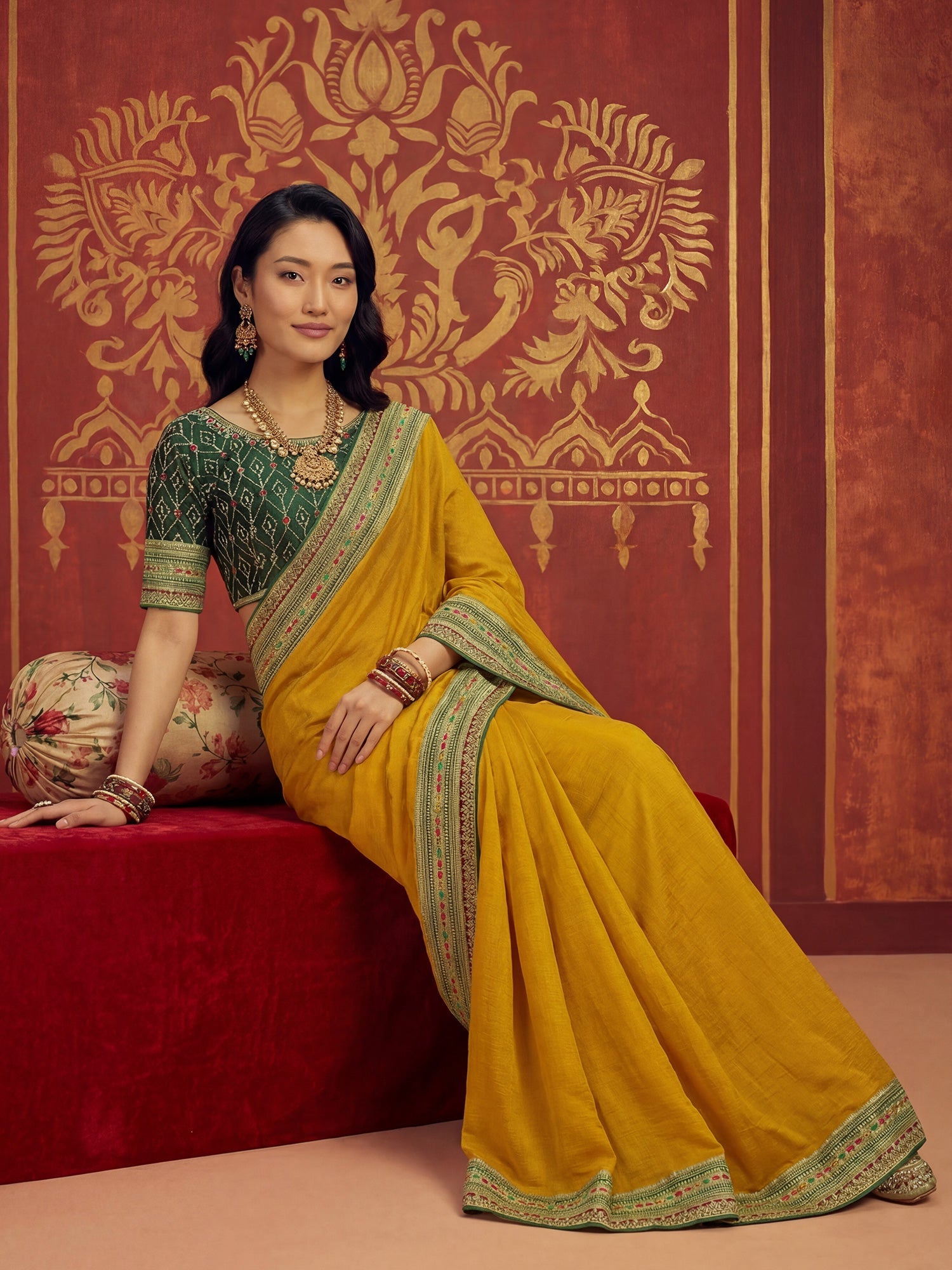 Mustard Yellow Tissue Silk Saree with Zari Stripes - Ressa