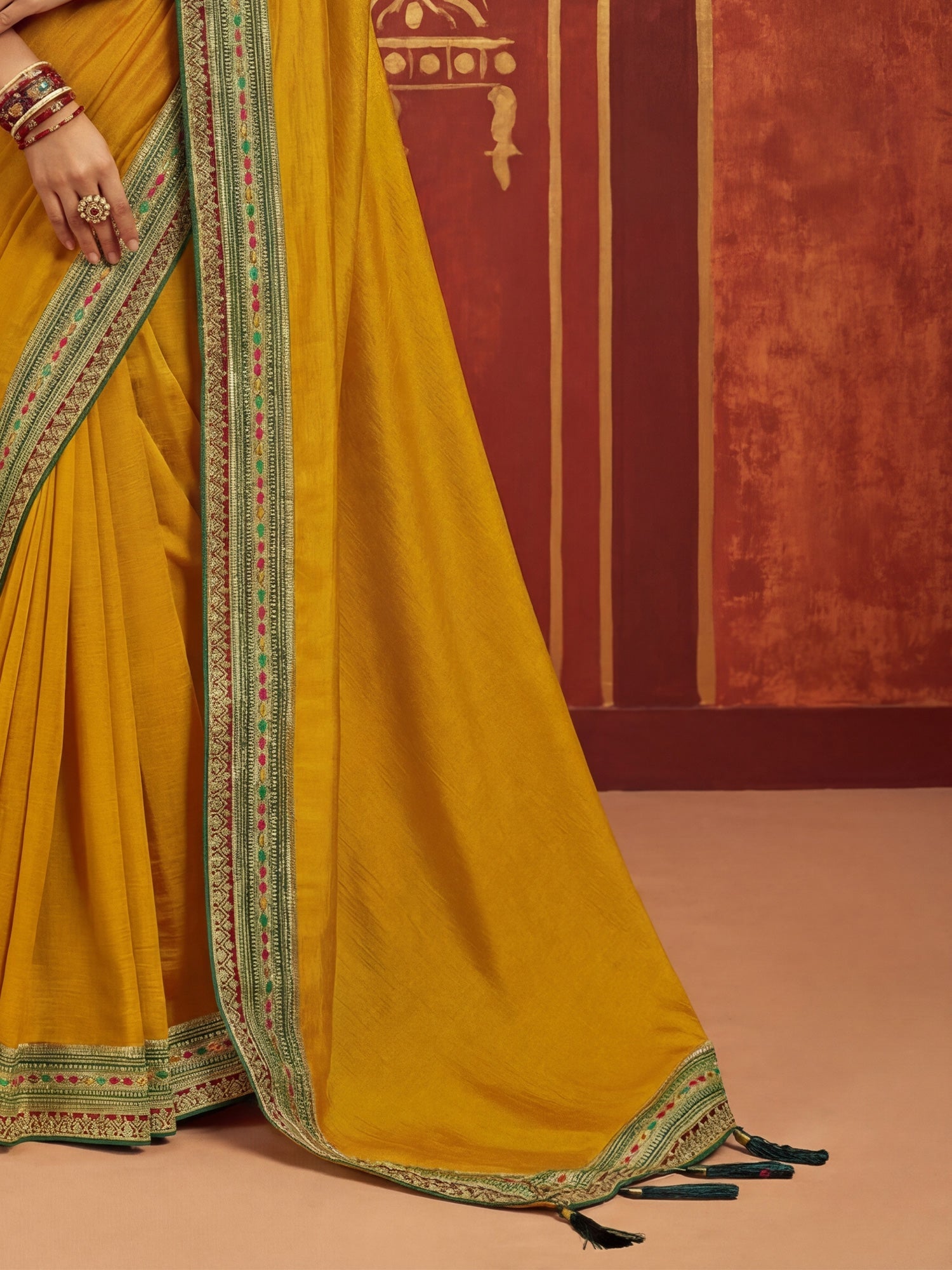 Mustard Yellow Tissue Silk Saree with Zari Stripes - Ressa