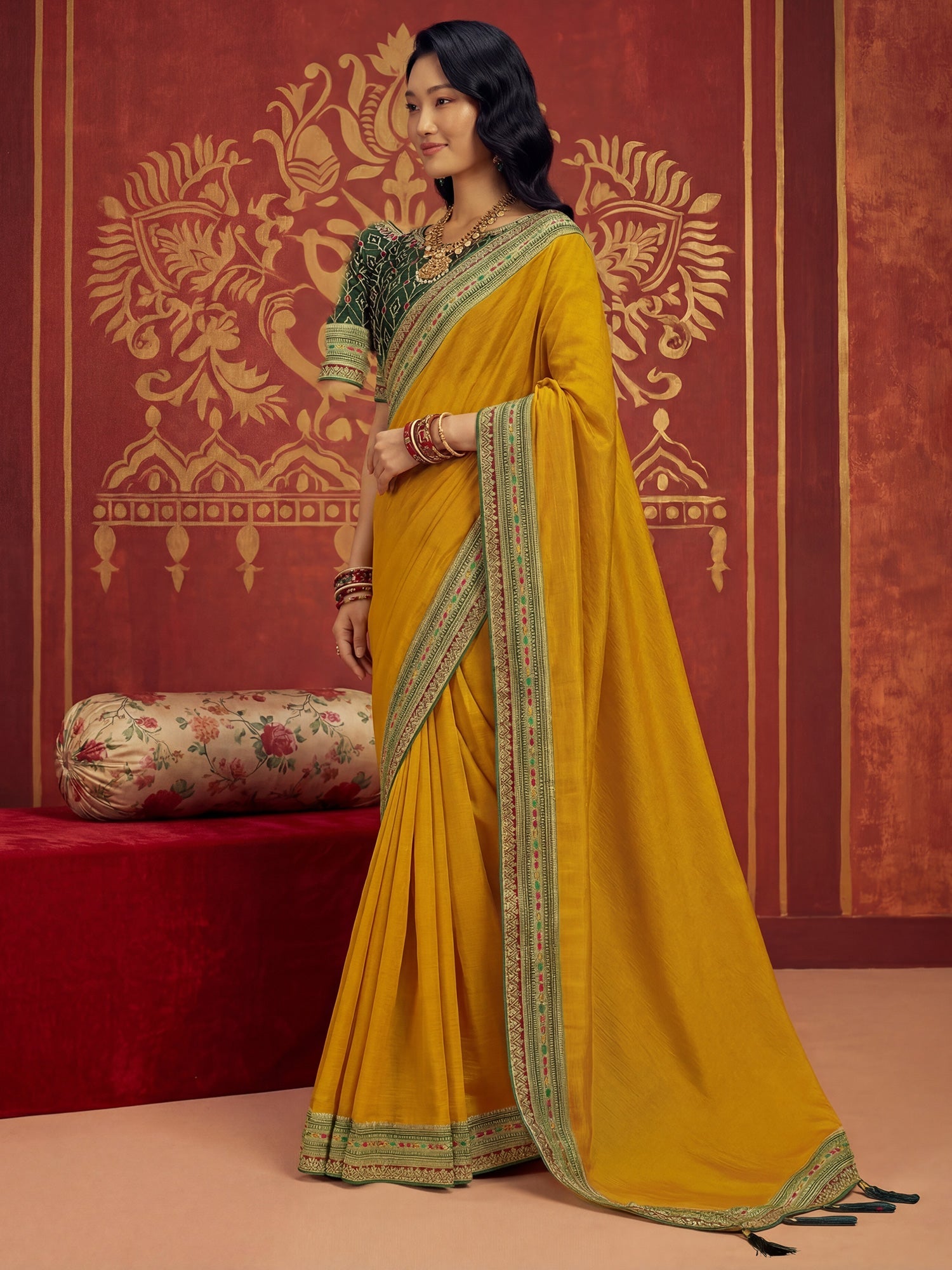 Mustard Yellow Tissue Silk Saree with Zari Stripes - Ressa