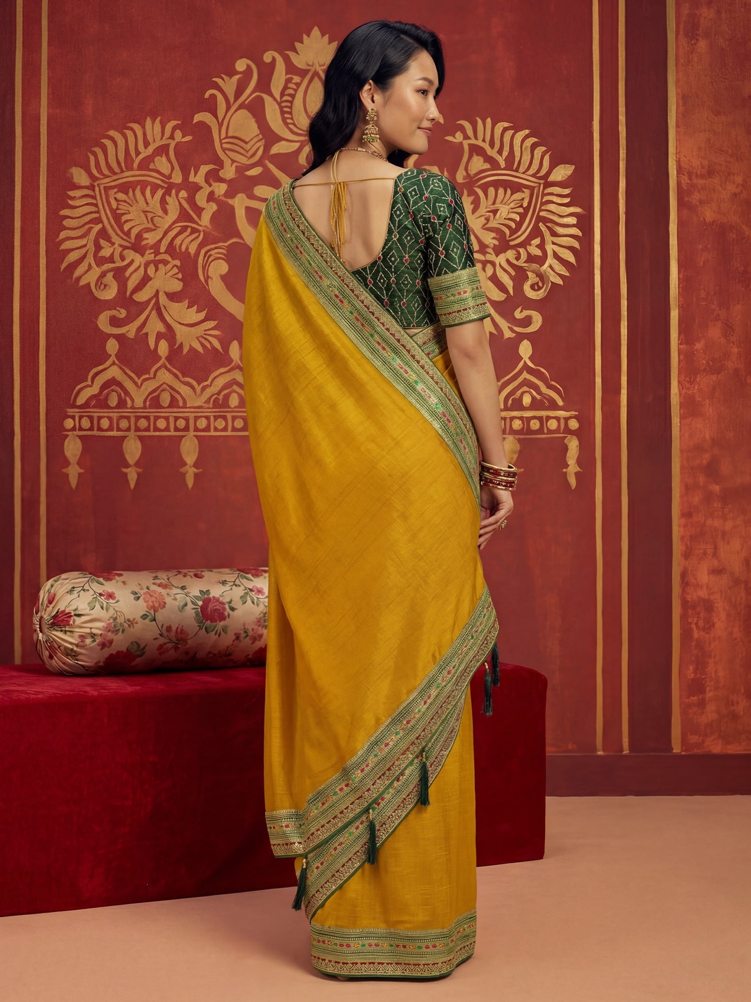 Mustard Yellow Tissue Silk Saree with Zari Stripes - Ressa
