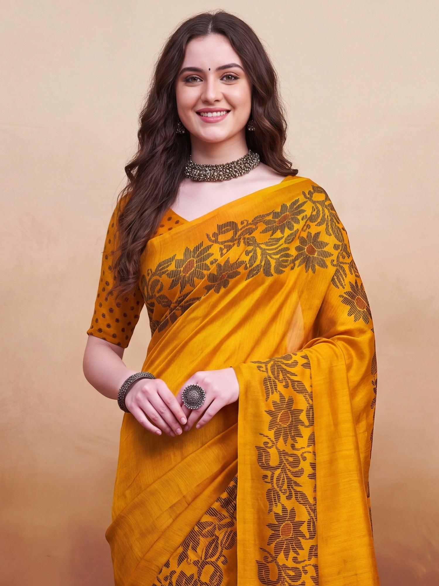 Mustard Yellow Tussar Silk Madhubani Inspired Floral Print Saree - Ressa