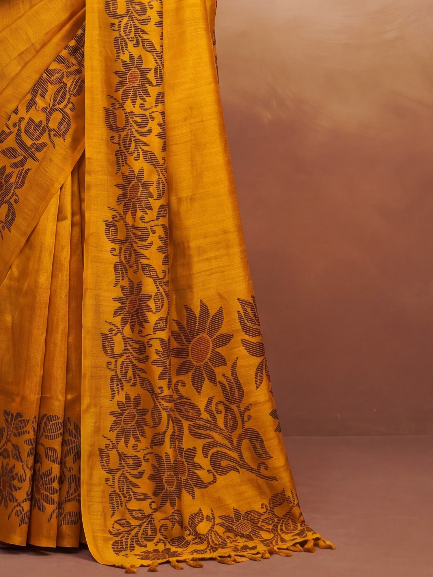 Mustard Yellow Tussar Silk Madhubani Inspired Floral Print Saree - Ressa