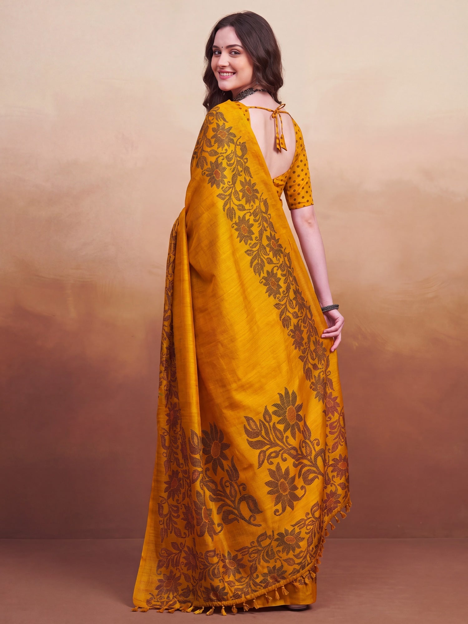 Mustard Yellow Tussar Silk Madhubani Inspired Floral Print Saree - Ressa