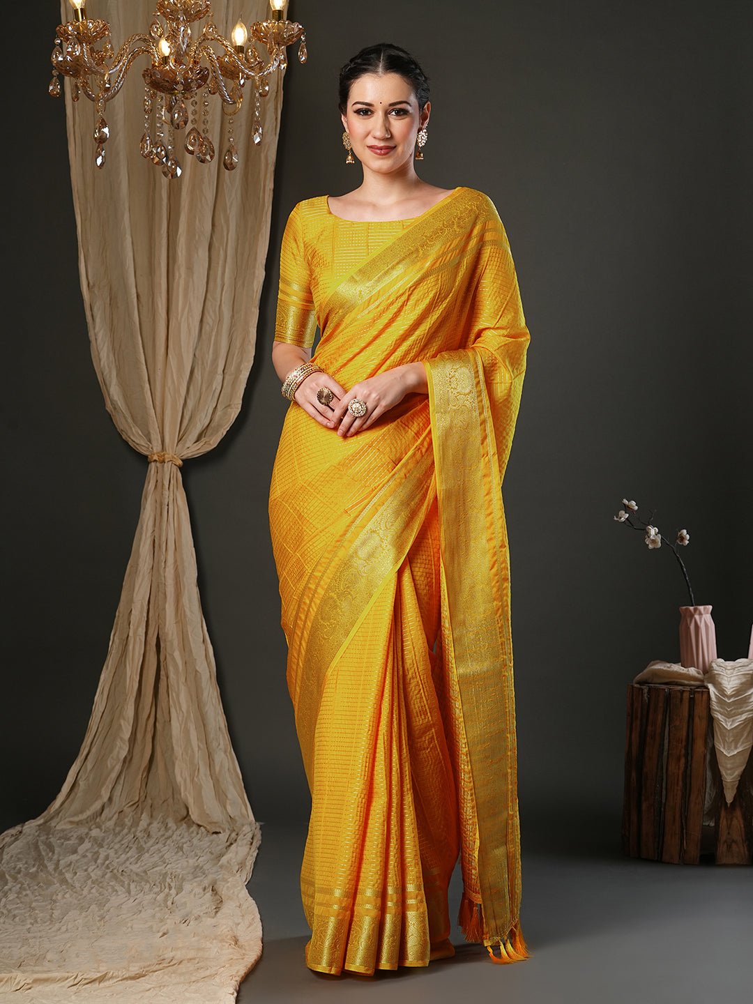 Mustard Yellow Viscose Zari Woven Saree - Ressa