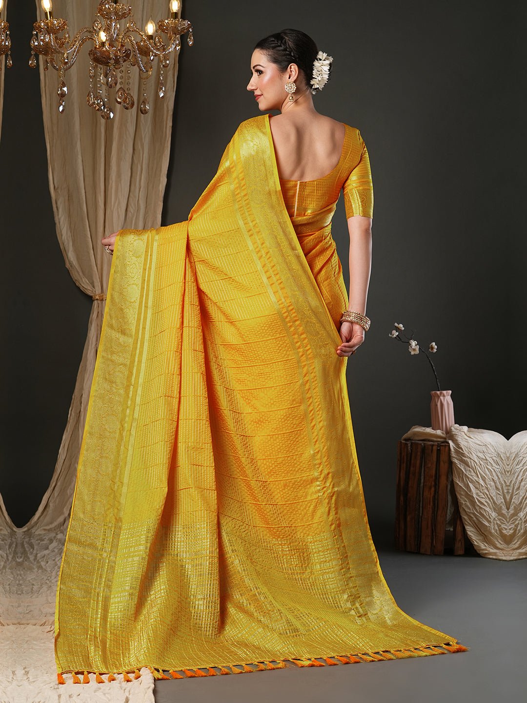 Mustard Yellow Viscose Zari Woven Saree - Ressa