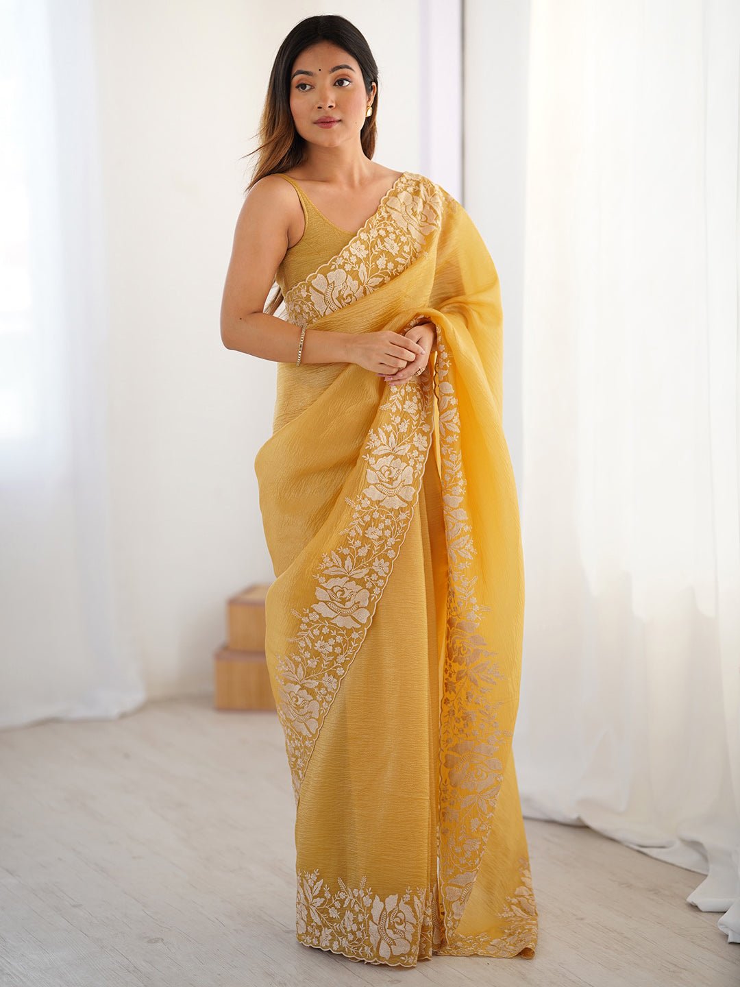 Mustars Yellow Chiffon Embroidered Saree - Ressa