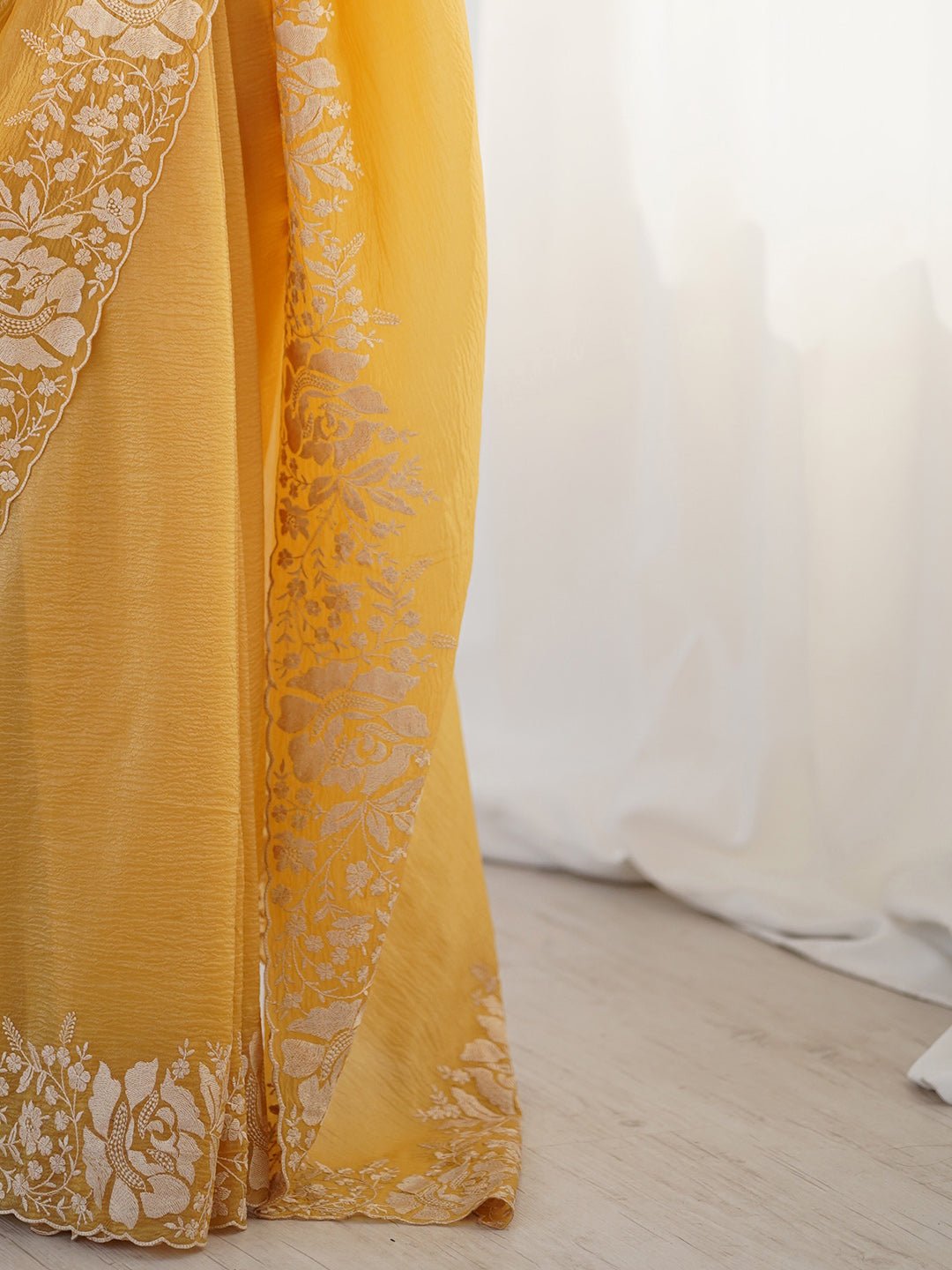 Mustars Yellow Chiffon Embroidered Saree - Ressa