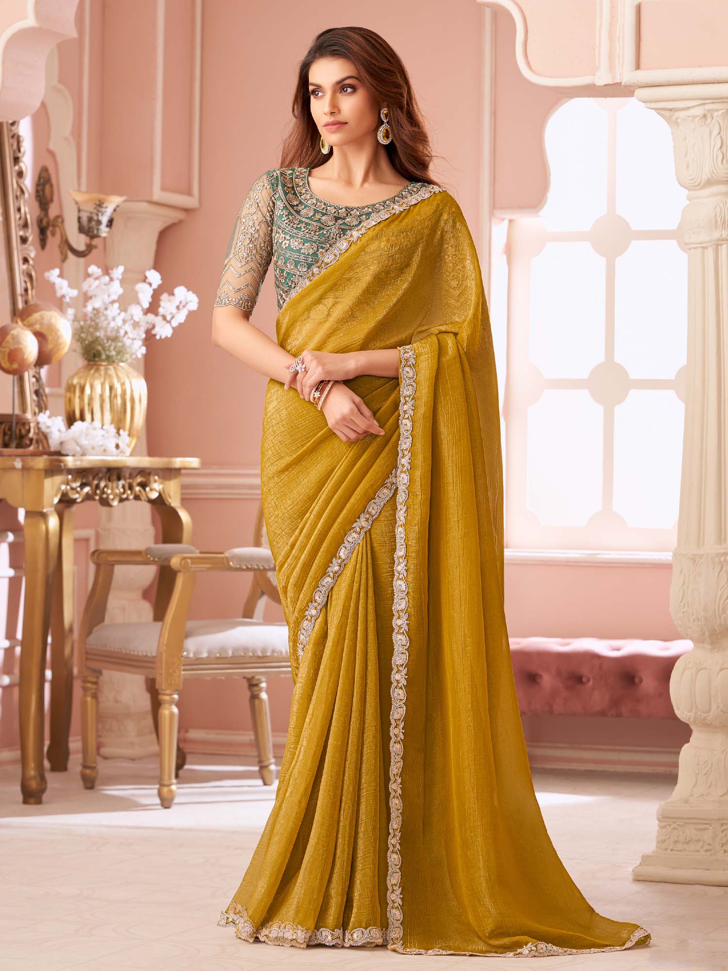 Mustered Embellished Sequinned Pure Chiffon Saree - Ressa