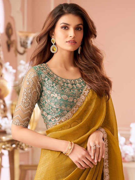 Mustered Embellished Sequinned Pure Chiffon Saree - Ressa