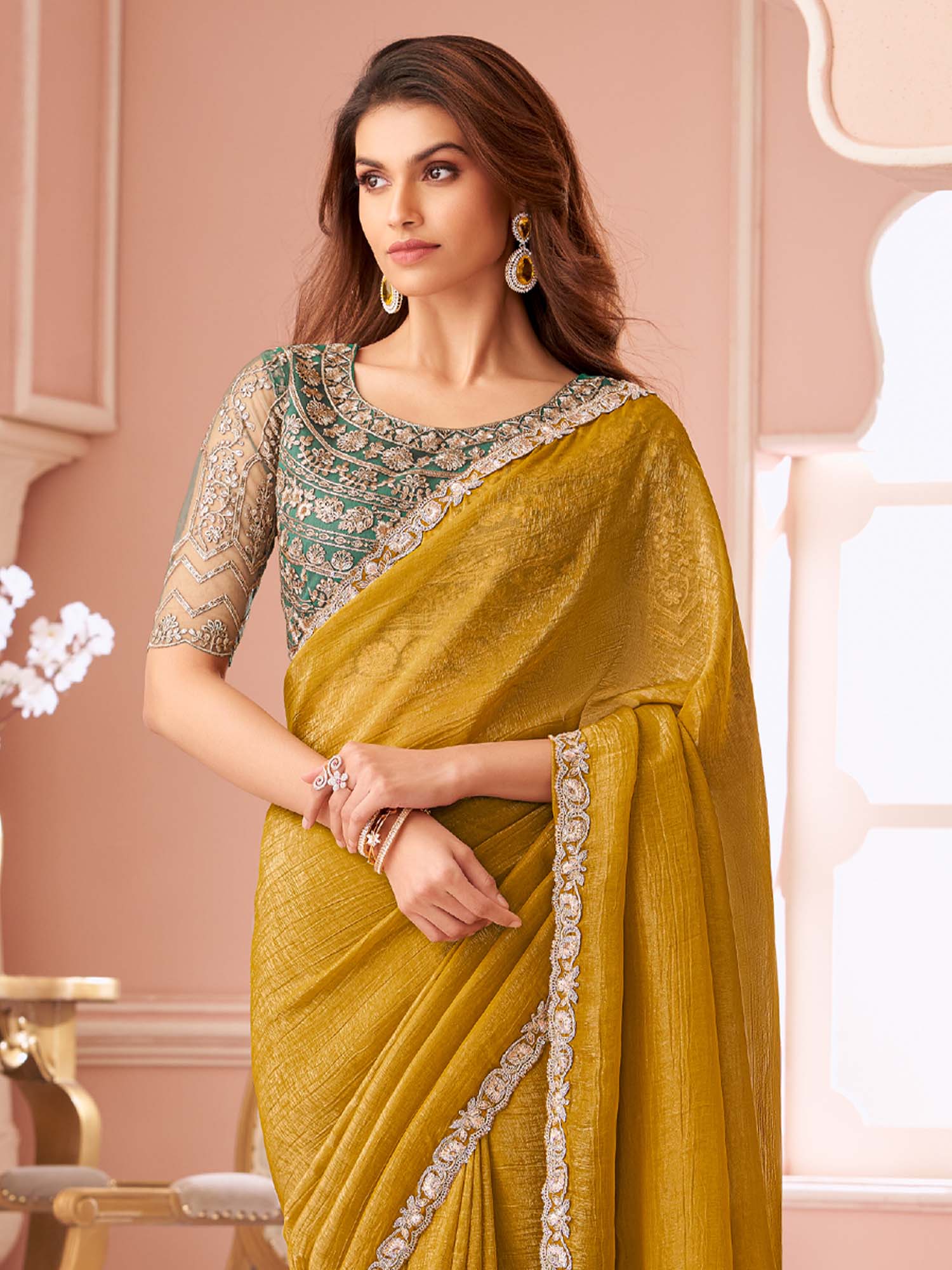 Mustered Embellished Sequinned Pure Chiffon Saree - Ressa