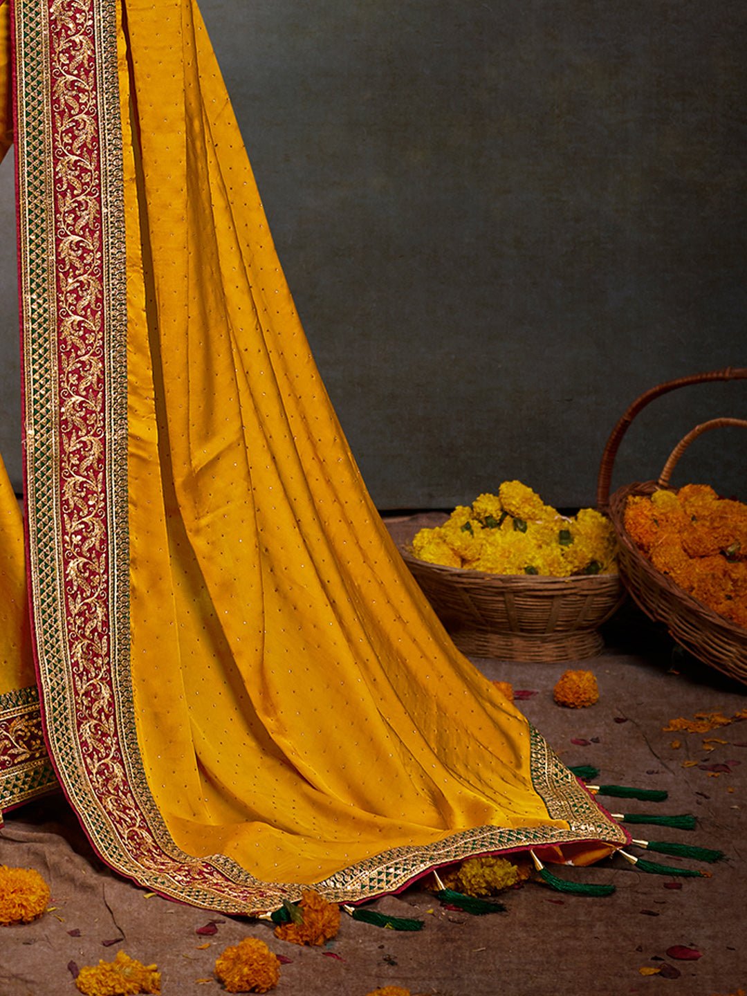 Mustered Yellow Satin Silk Saree - Ressa