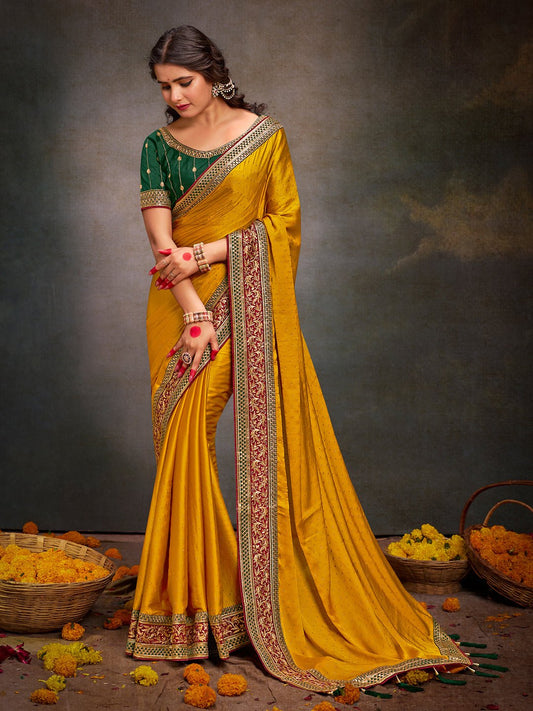 Mustered Yellow Satin Silk Saree - Ressa