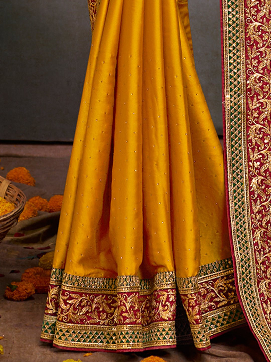 Mustered Yellow Satin Silk Saree - Ressa