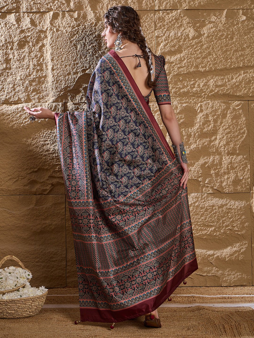 Navy Blue Ajrakh Block Printed Saree - Ressa