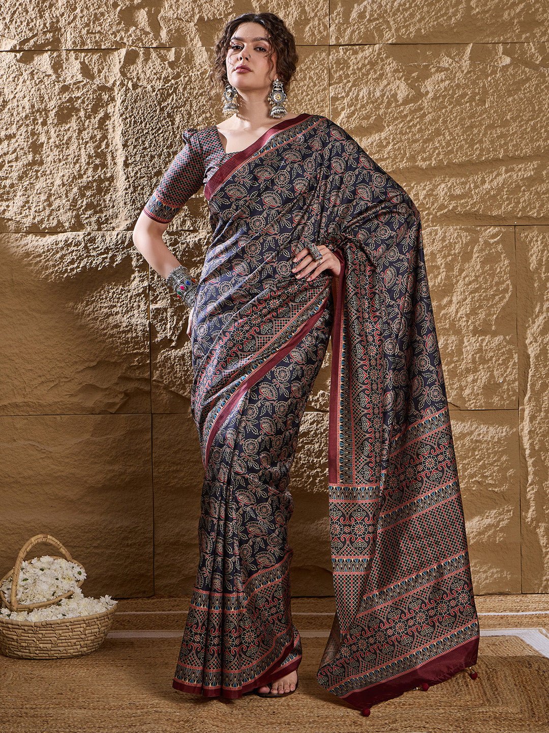 Navy Blue Ajrakh Block Printed Saree - Ressa