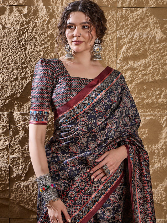 Navy Blue Ajrakh Satin Saree - Ressa