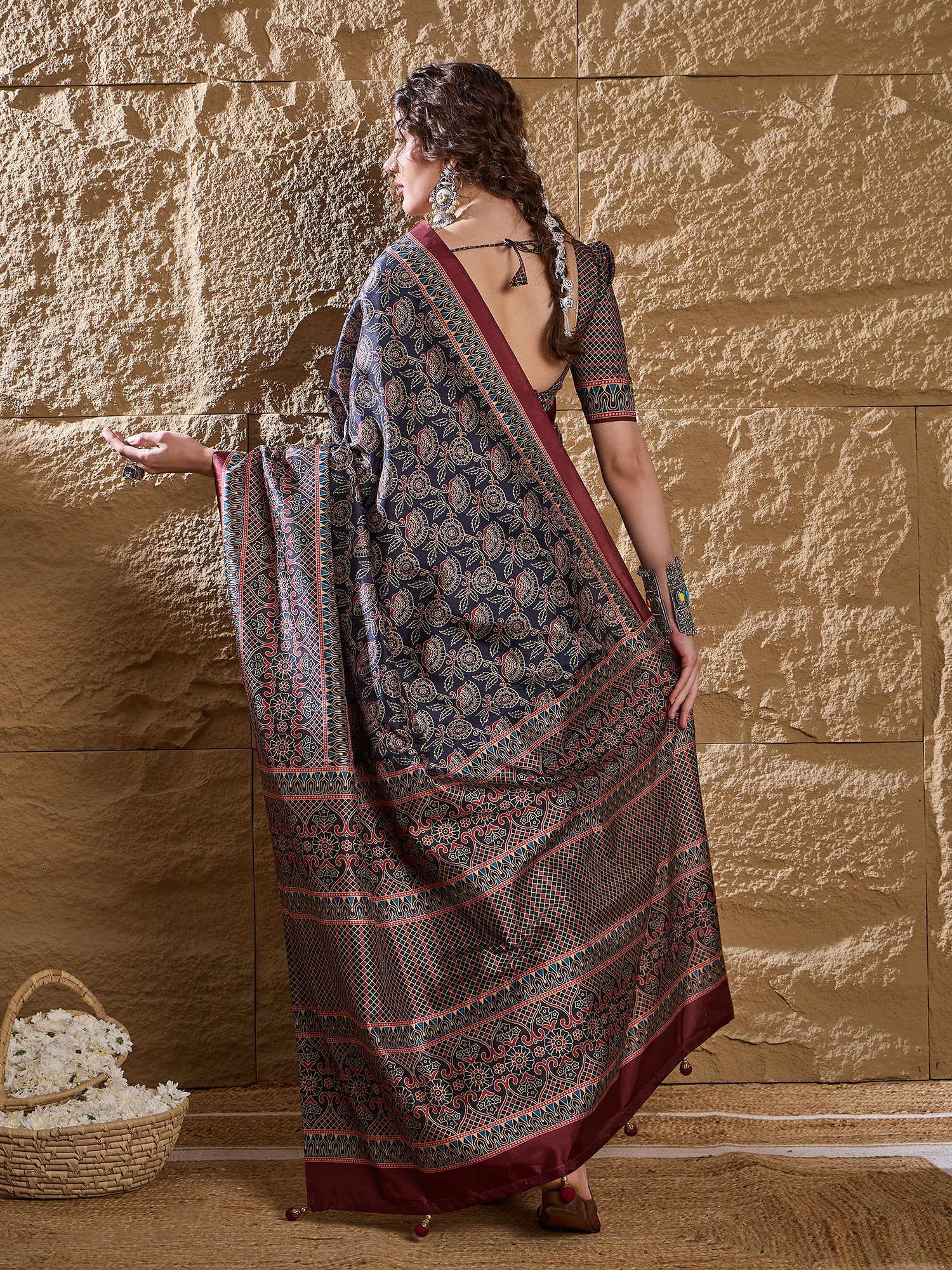 Navy Blue Ajrakh Satin Saree - Ressa