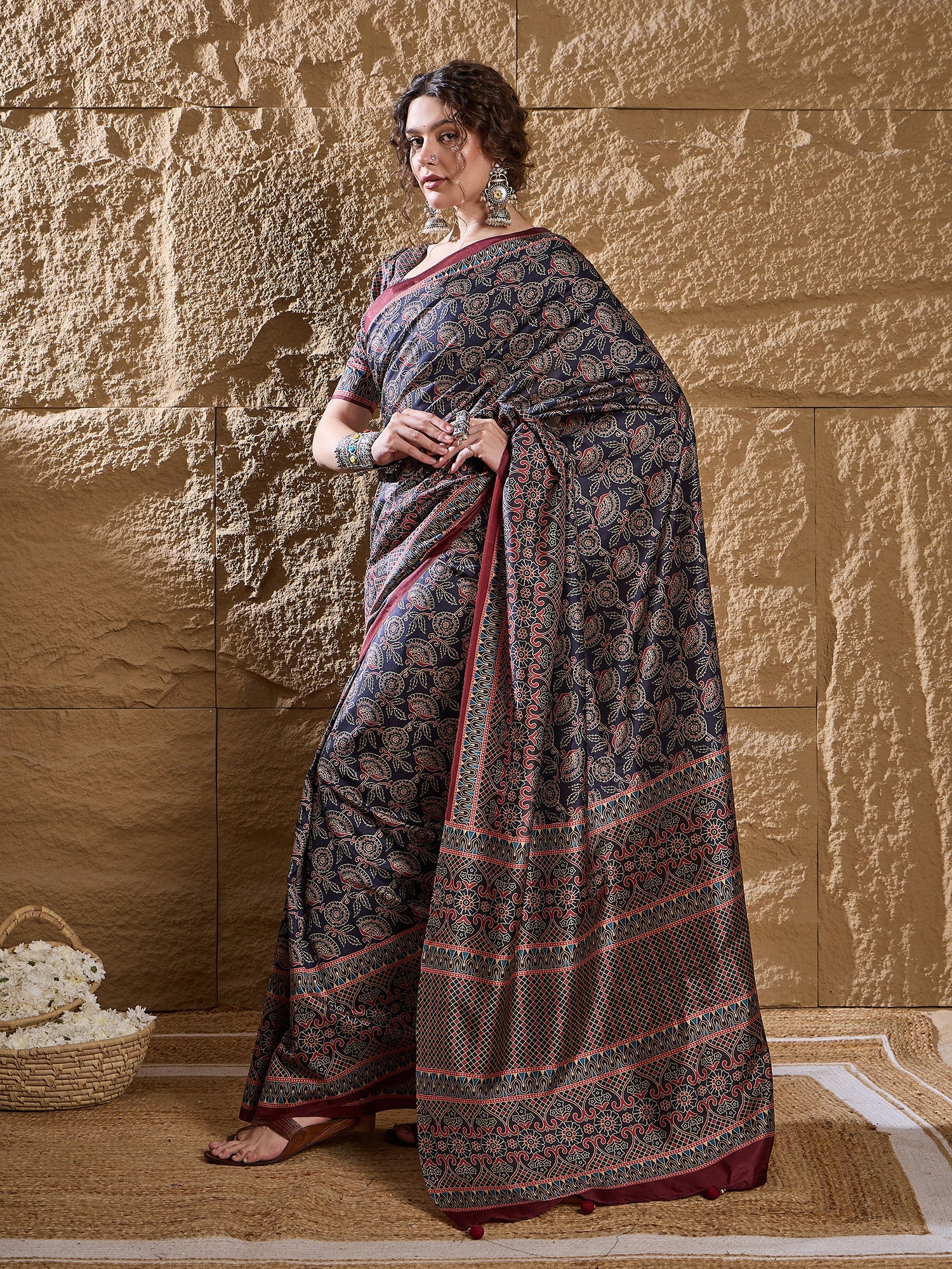 Navy Blue Ajrakh Satin Saree - Ressa