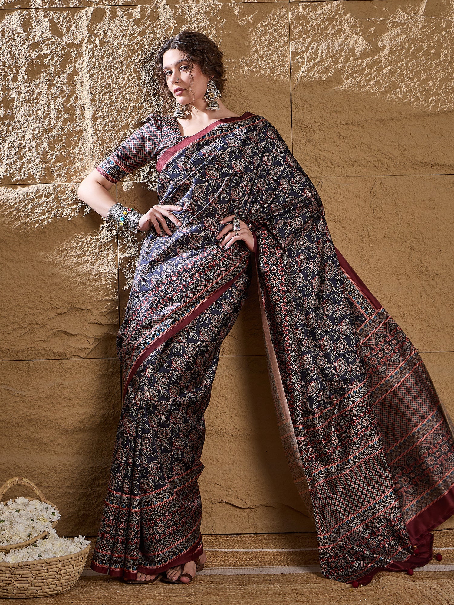 Navy Blue Ajrakh Satin Saree - Ressa