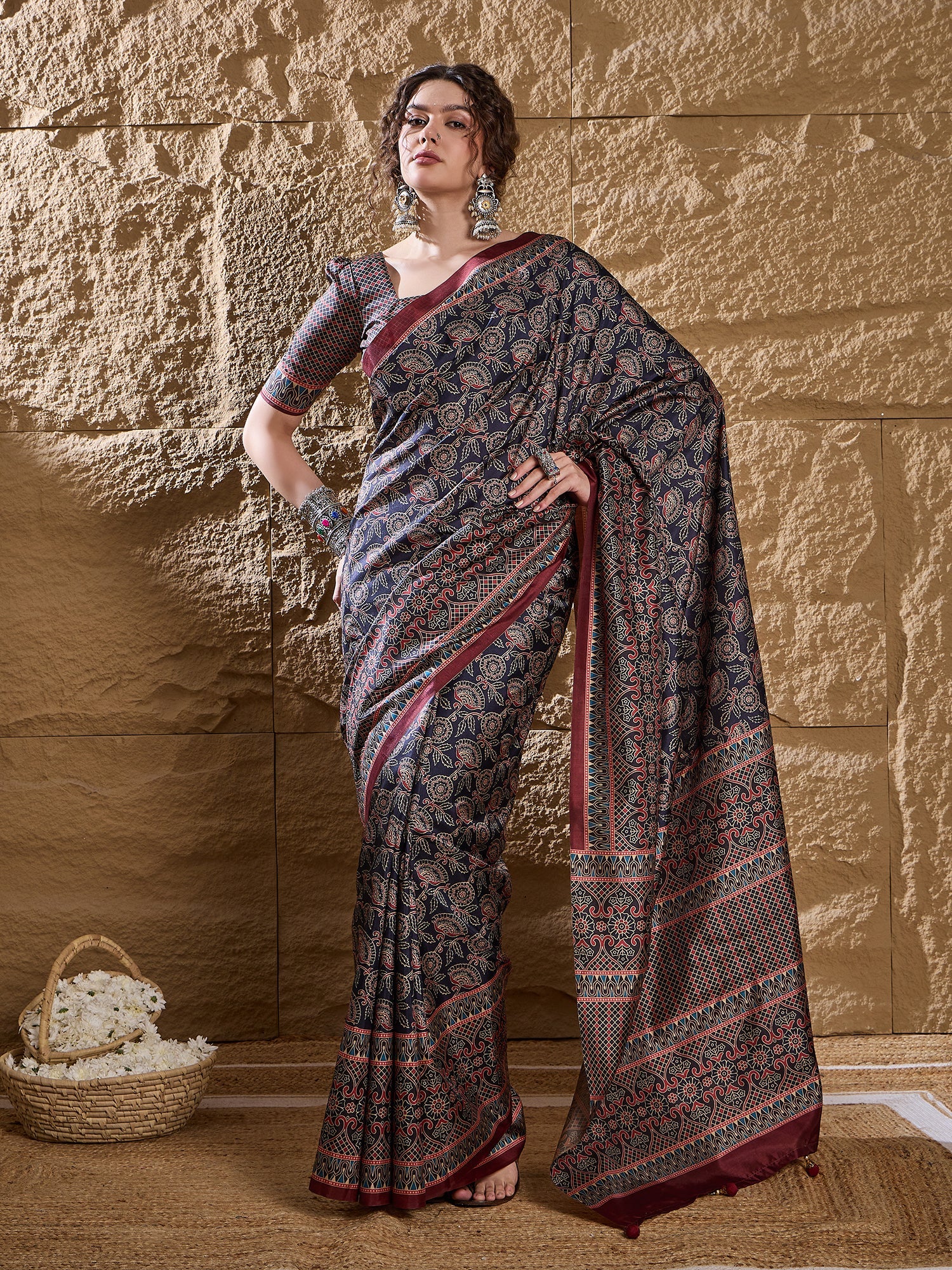 Navy Blue Ajrakh Satin Saree - Ressa