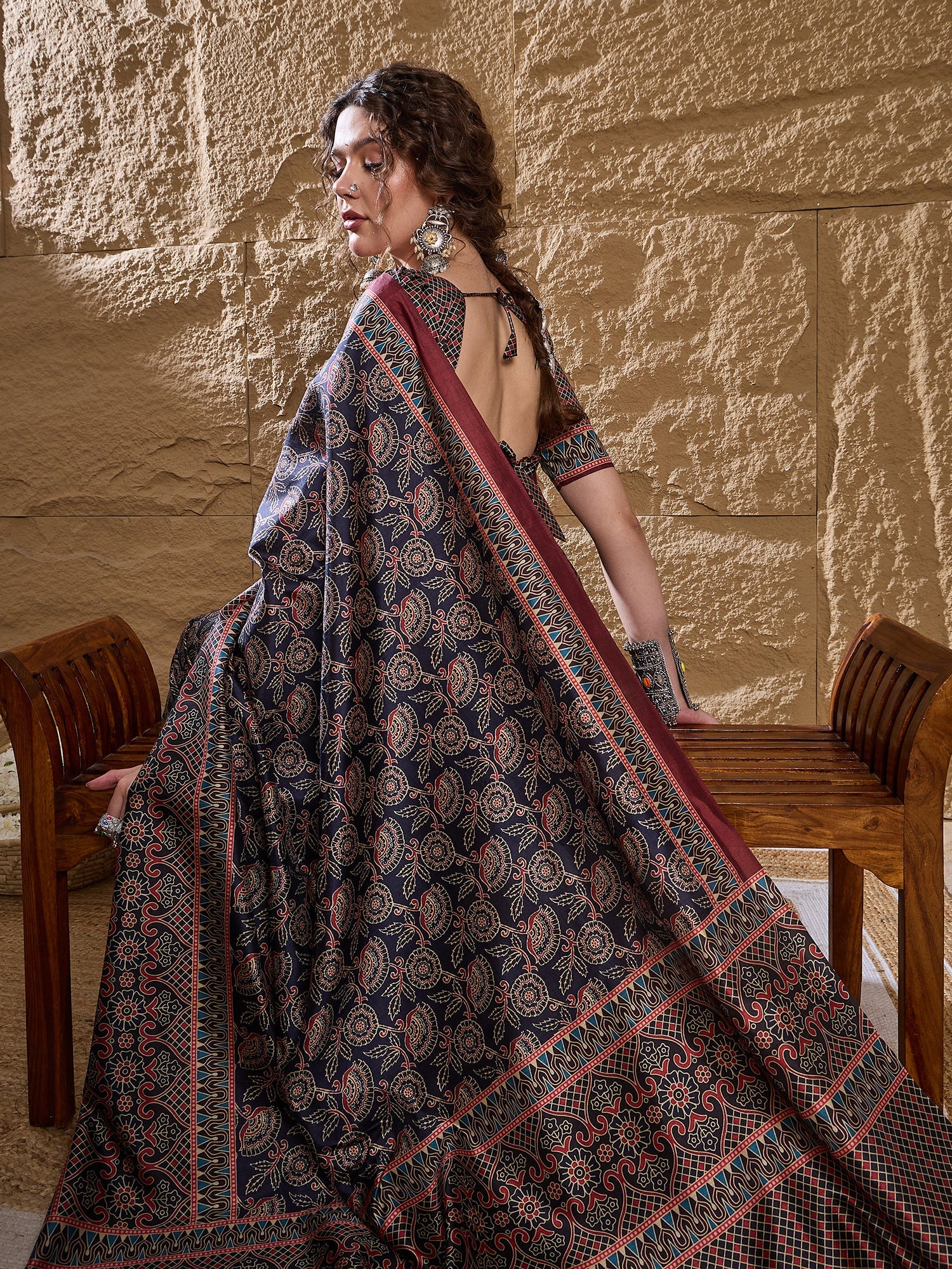 Navy Blue Ajrakh Satin Saree - Ressa