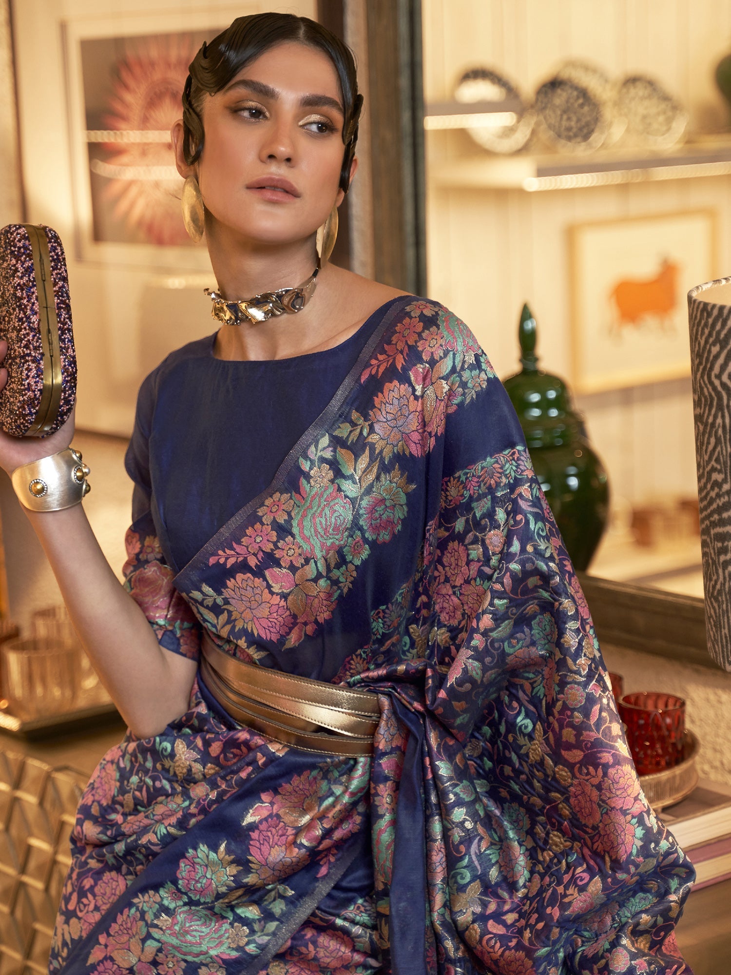 Navy Blue Banarasi Satin saree - Ressa