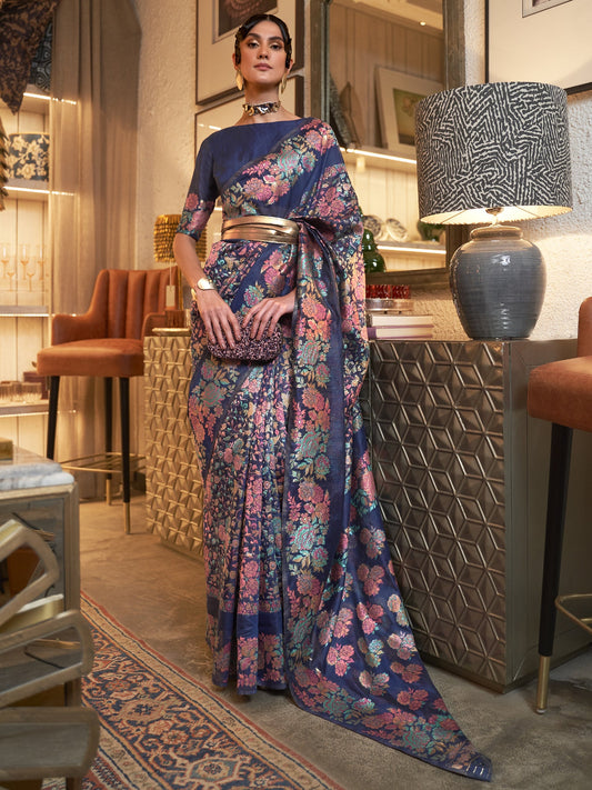 Navy Blue Banarasi Satin saree - Ressa